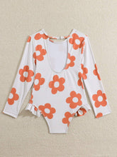1pc Floral Print Ruffle Trim One-Piece Swimsuit For Young Girls